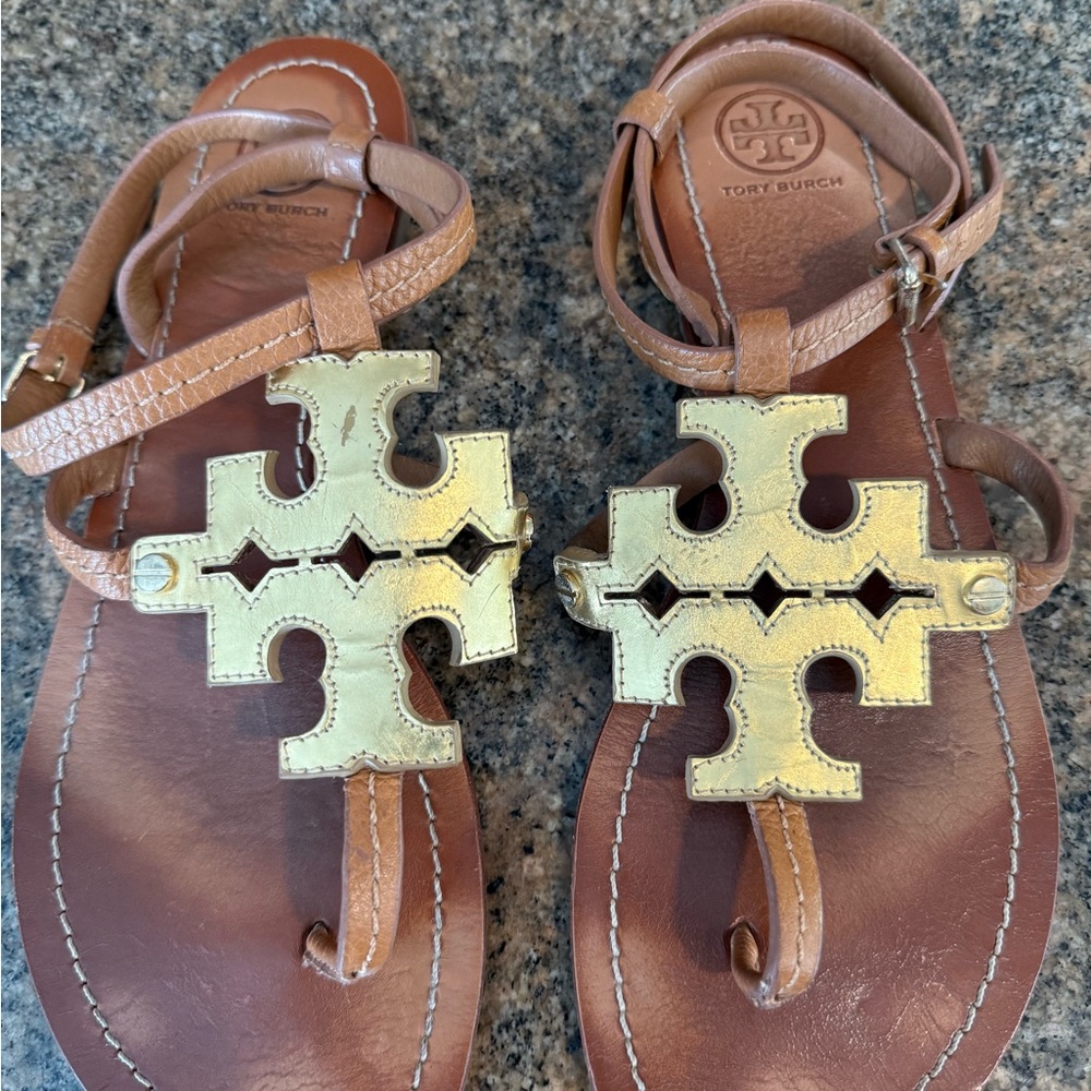 Tory Burch Gold and Brown Leather Sandals 8 1/2